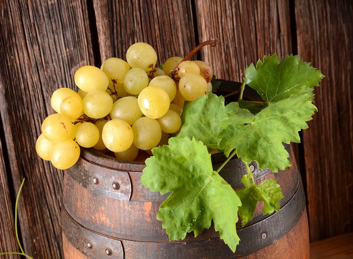 Grapes on a wooden barrel