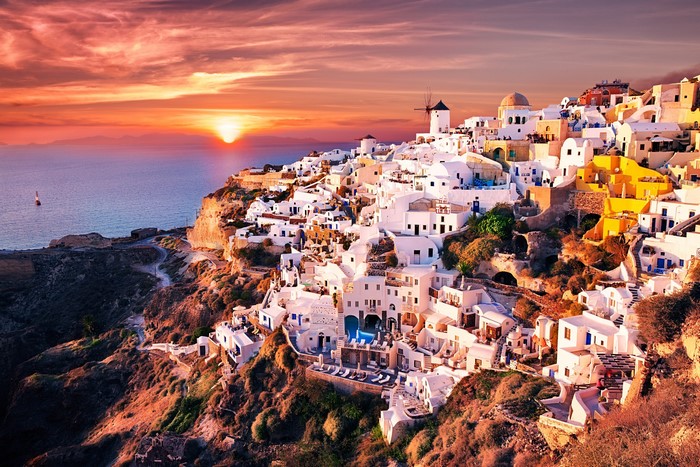Oia village in Santorini, Greece at sunset