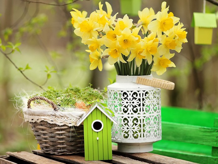 Yellow Daffodils in a White Vase with Easter Decorations