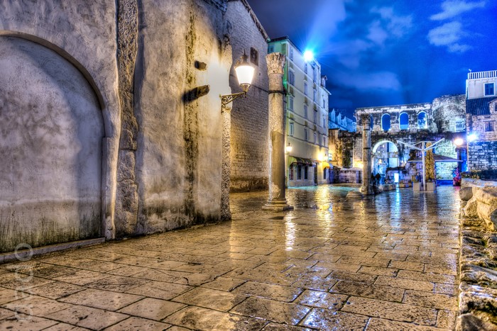 Street at night in Split, Croatia with HDR effect