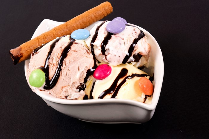 Ice cream sundae with chocolate syrup and candies
