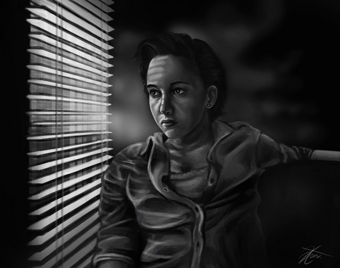 Painting of a brunette girl looking out a window