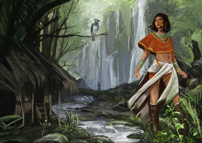 Woman and bird by waterfalls in jungle