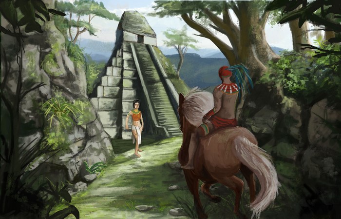 Two warriors near a Mayan pyramid in a jungle