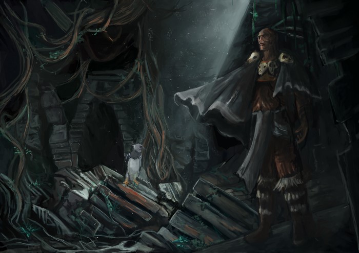 Warrior with skulls and a bird in a ruin