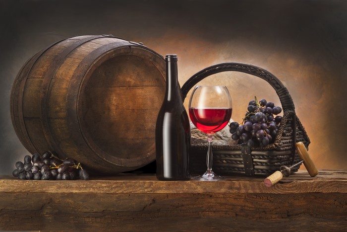 Barrel, Wine Bottle, Wine Glass, Grapes, and Corkscrew
