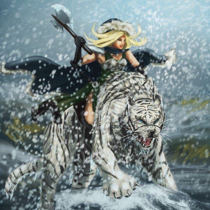Warrior woman riding a white tiger in the snow
