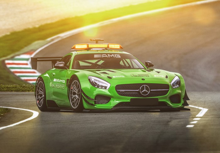 Green Mercedes-Benz AMG GT Safety Car on Race Track
