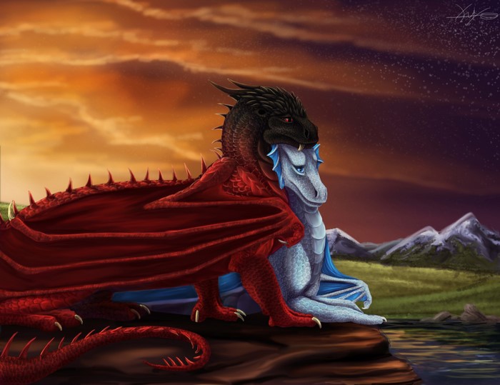 Two dragons embracing at sunset