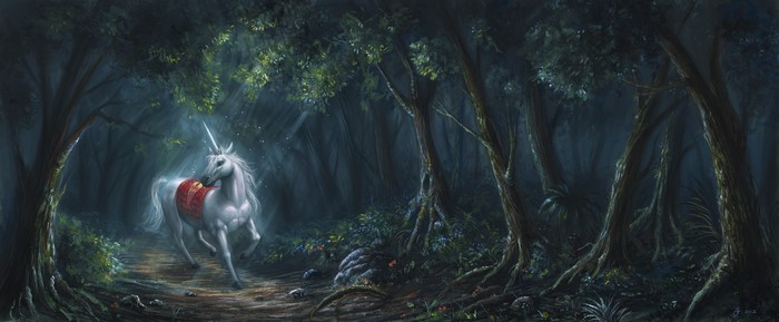 Unicorn in a dark forest at night