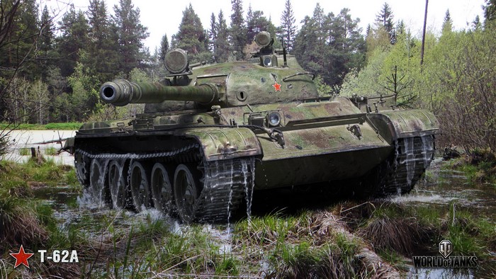 T-62A tank in a forest swamp