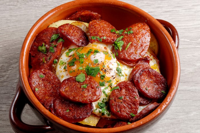 Fried egg with sausage and potatoes in a bowl