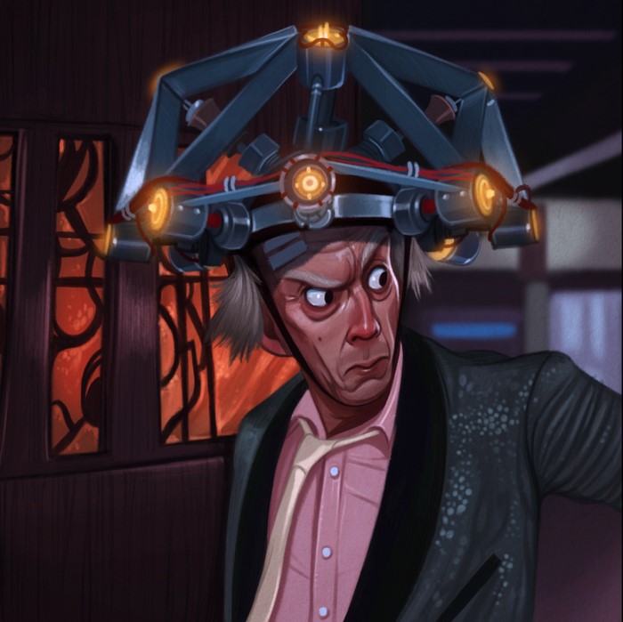 Doc Brown from Back to the Future wearing a helmet