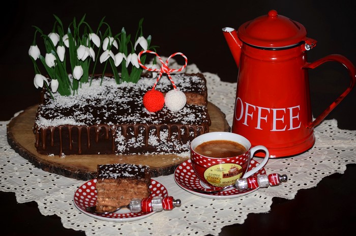Chocolate cake with snowdrops and coffee
