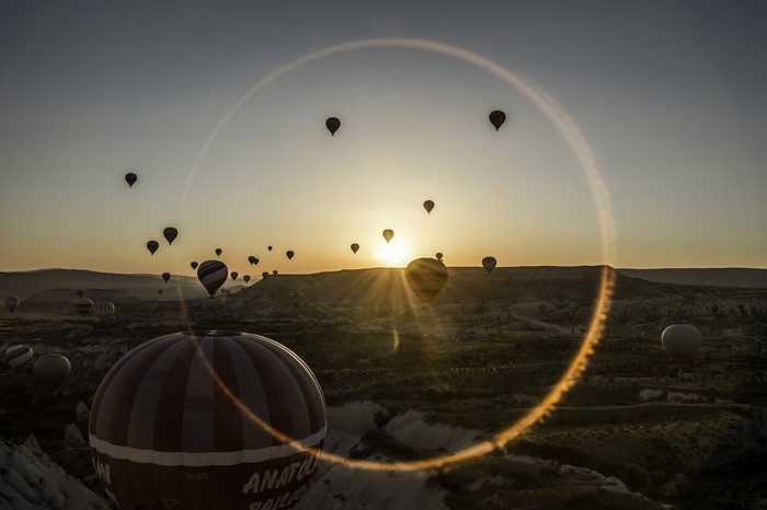 Hot air balloons at sunrise over Cappadocia