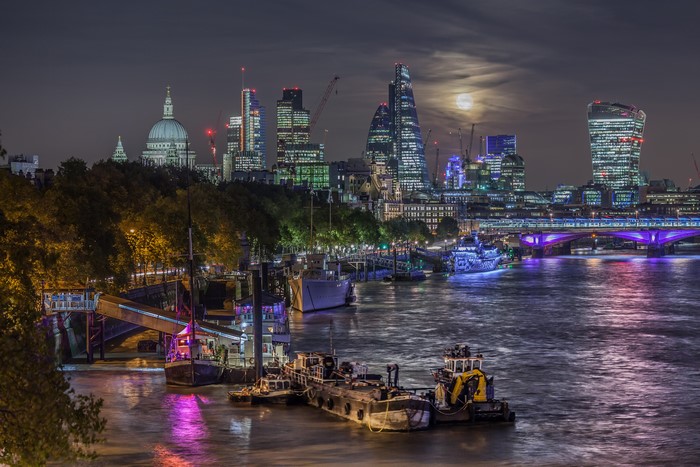 London skyline with St Paul's Cathedral and River Thames at night