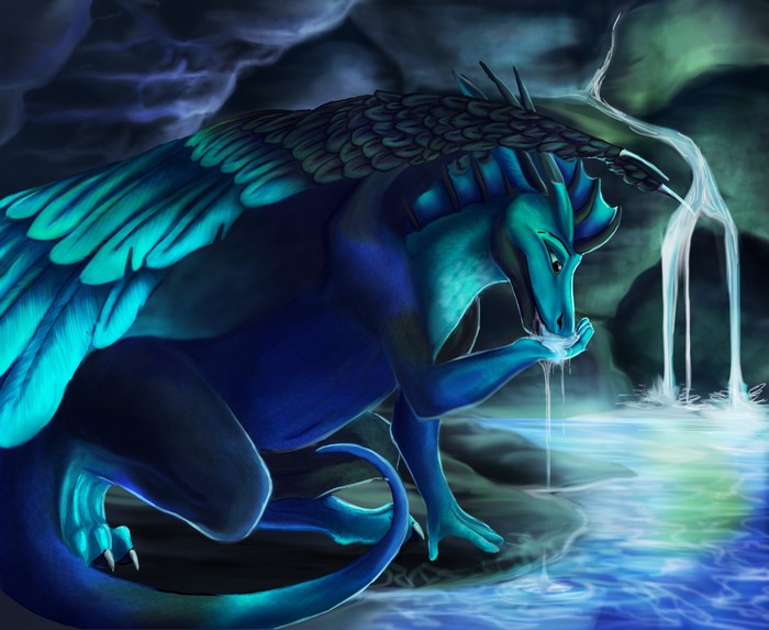 Blue dragon drinking water from a waterfall