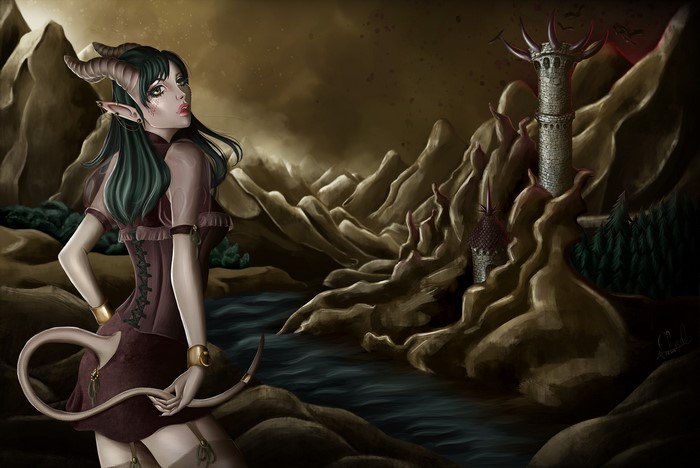Demon girl with horns and tail in a rocky landscape