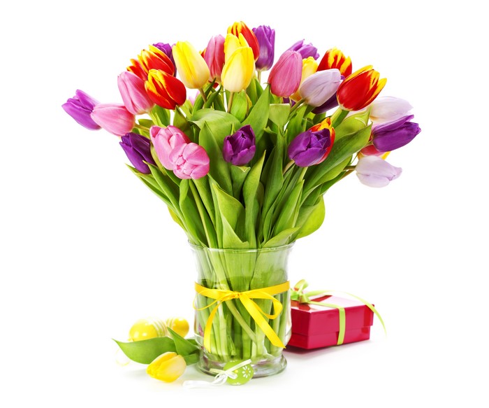 Bouquet of Tulips in a Vase with Easter Eggs and Gift