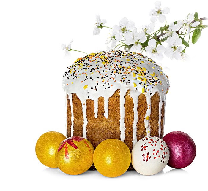 Easter cake with decorated eggs and cherry blossoms