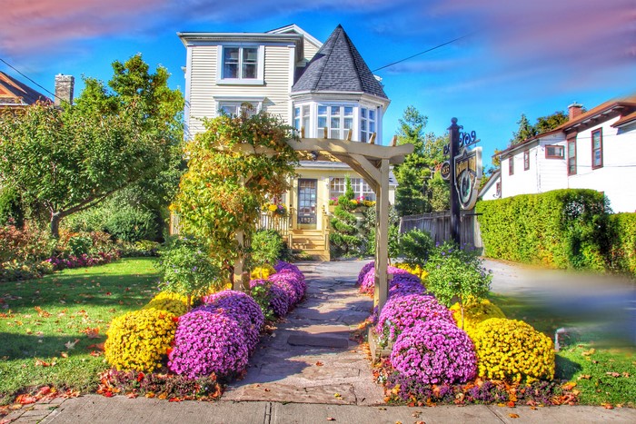House with flower garden and pergola