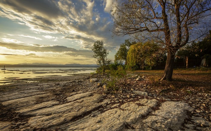 Rocky shore of a lake at sunset with trees and clouds