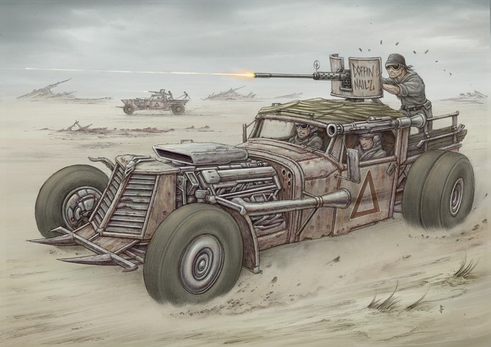 Post-apocalyptic vehicle firing machine gun in desert