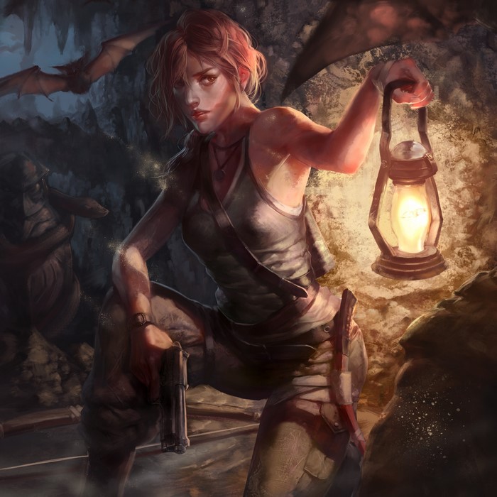 Lara Croft from Tomb Raider holding a lantern in a cave