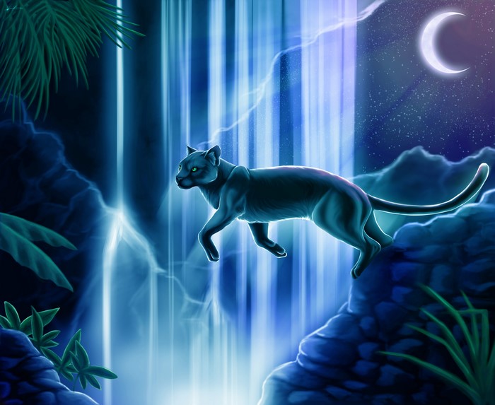 Black Panther Jumping by Waterfall Under Crescent Moon