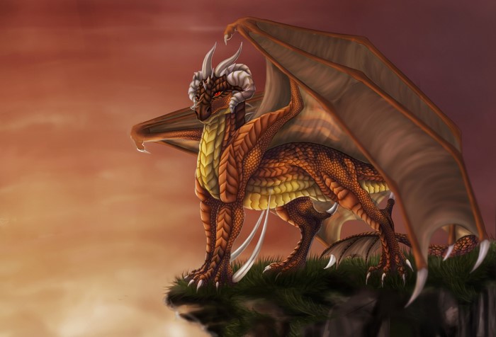 Orange dragon with large wings on a cliff