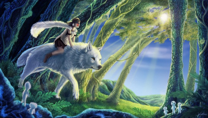 Girl riding a wolf in a magical forest with Kodama