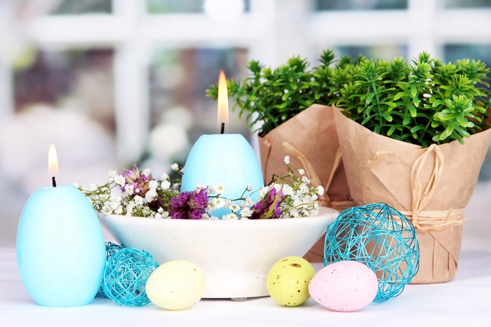 Easter Candles and Eggs with Plants