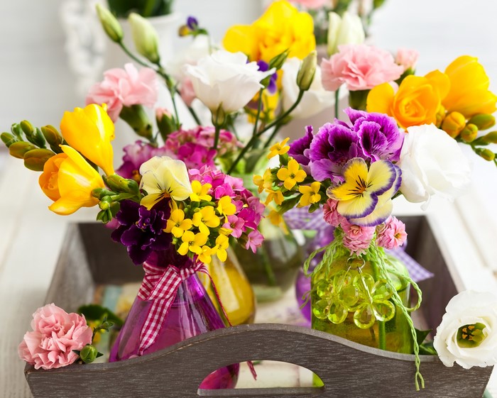 Colorful Spring Flower Bouquets in Vases