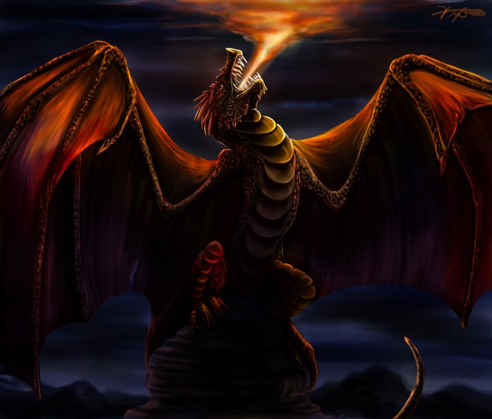 Dragon breathing fire at night