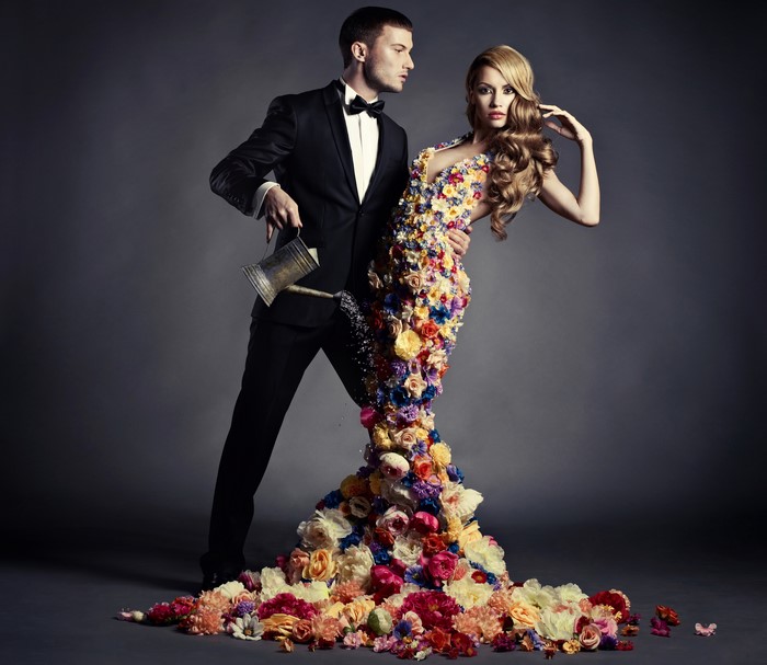 Man in Suit Watering Flower Dress