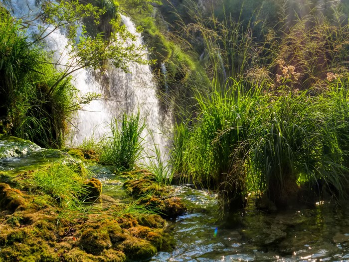 Waterfalls and lush vegetation in Plitvice National Park, Croatia