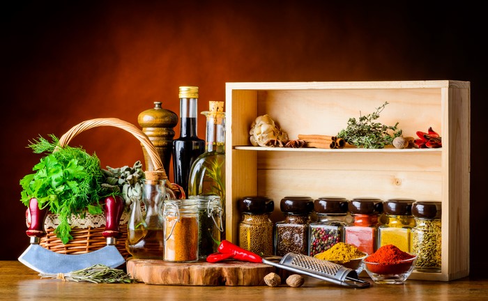 Spices and Herbs in Jars and Bottles
