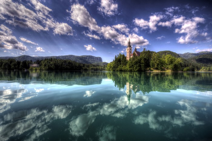 Bled Island Church reflected in Lake, Slovenia