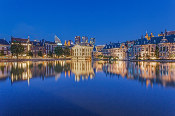 The Hague Netherlands at dusk with reflections in water