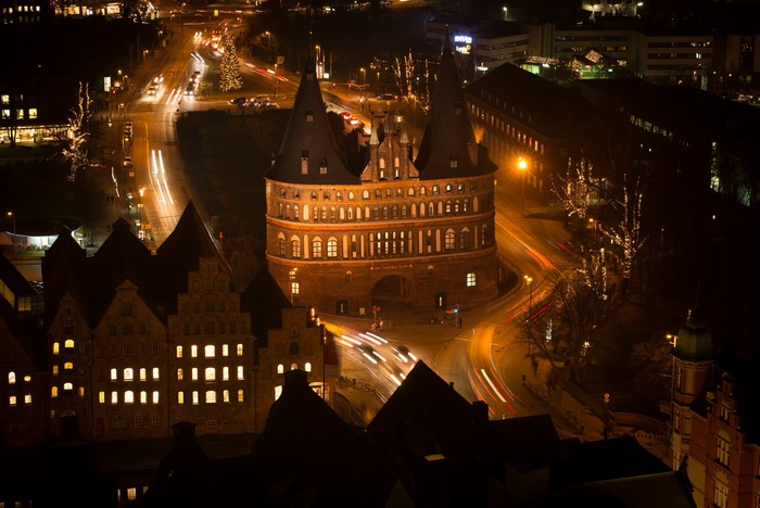 Holsten Gate at night in Lubeck, Germany