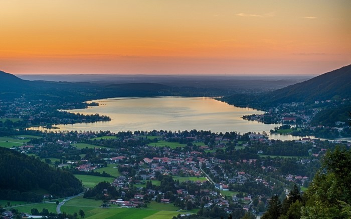 Tegernsee Lake in Bavaria, Germany from above at sunset