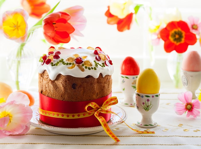 Easter Kulich with Tulips and Eggs