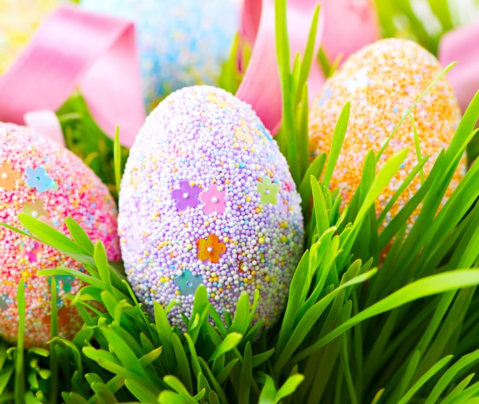 Easter eggs decorated with sprinkles and flowers in grass