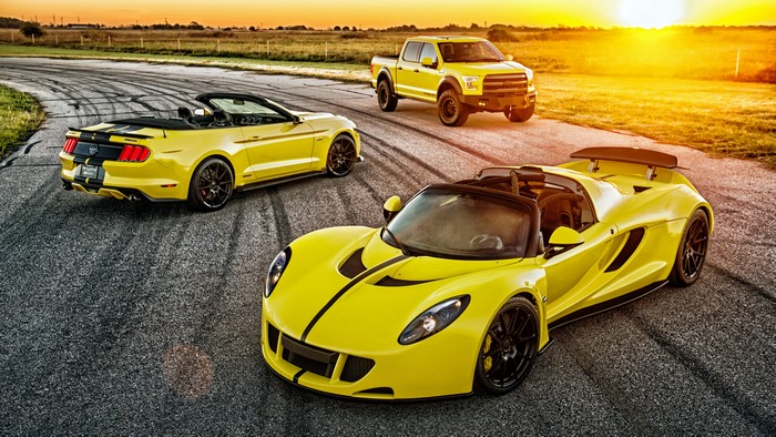 Yellow Ford Mustang, Ford F-150 Raptor, and Hennessey Venom GT Convertible