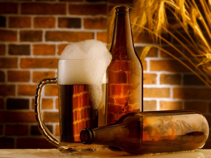 Beer Mug and Bottles with Wheat Stalks