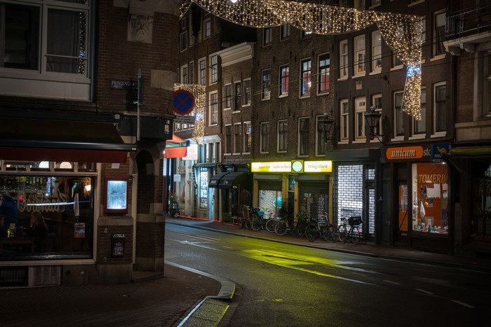 Street at night in Amsterdam with Christmas lights