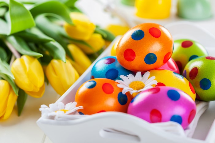 Easter Eggs and Yellow Tulips