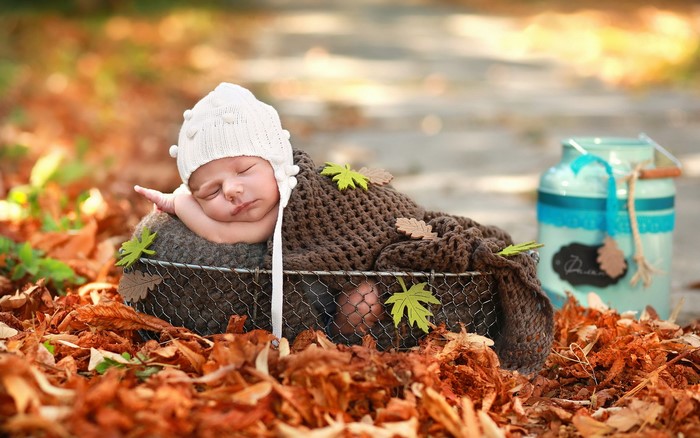 Baby sleeping in autumn leaves
