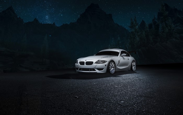 White BMW Z4M at Night with Mountains