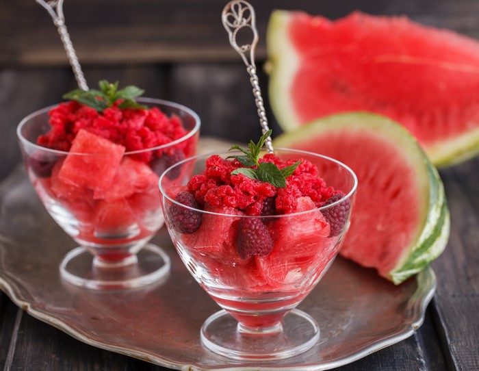 Watermelon and Raspberry Granita in Glasses